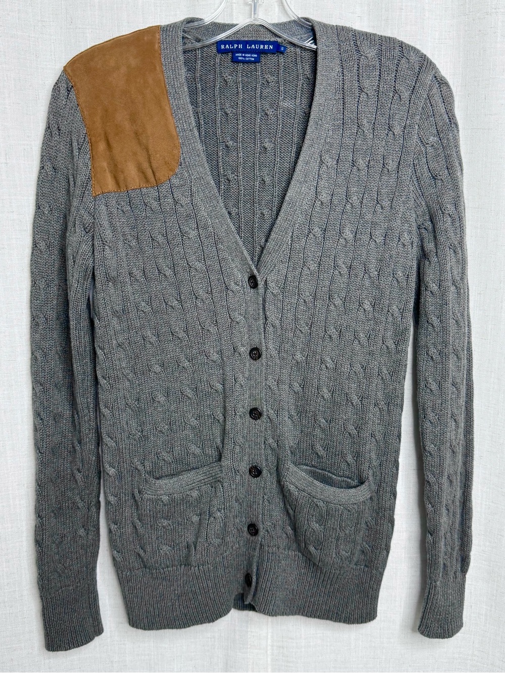 Polo Ralph Lauren Cable Knit Cotton Cardigan Suede Shoulder Patch Gray Size S